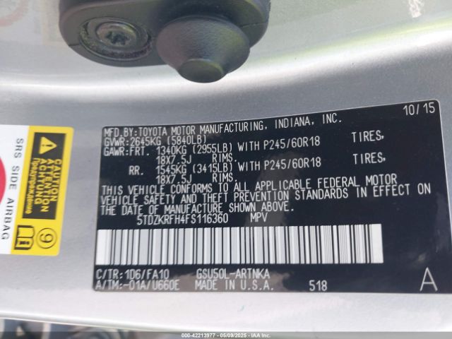 5TDZKRFH4FS116360 Toyota Highlander Le Plus V6