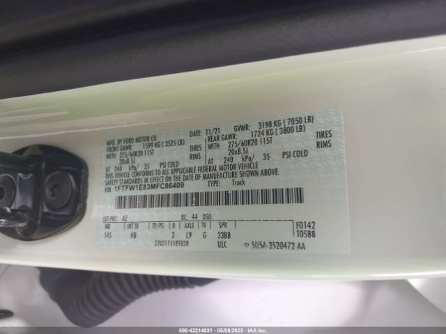 1FTFW1E83MFC86409 Ford F-150 Lariat