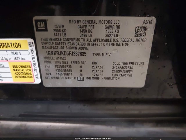 Chevrolet Traverse Ltz 2015 1GNKRJKD5FJ287835 Image 9