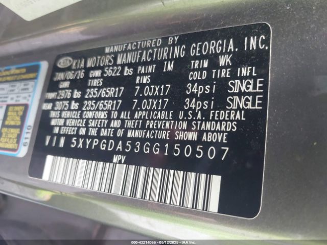 5XYPGDA53GG150507 KIA Sorento 3.3l Lx
