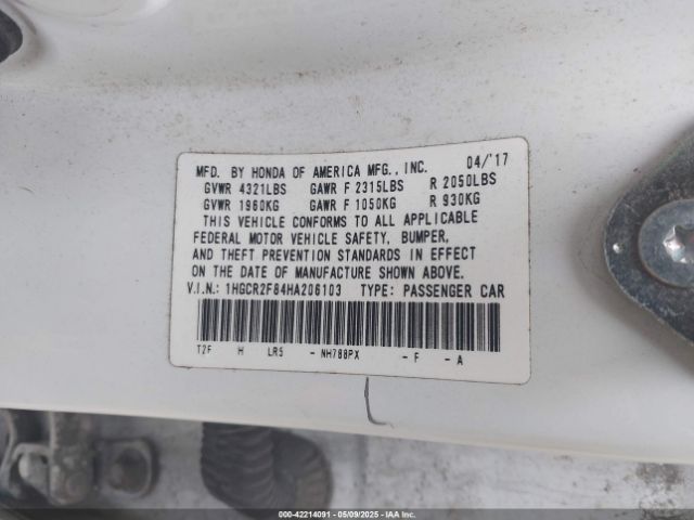 1HGCR2F84HA206103 Honda Accord Ex-l