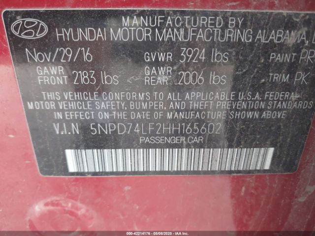 5NPD74LF2HH165602 Hyundai ELANTRA SE