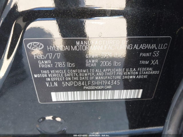5NPD84LF3HH194345 Hyundai ELANTRA SE
