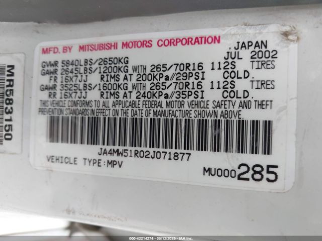 2002 MITSUBISHI MONTERO JA4MW51R02J071877 Photo 8