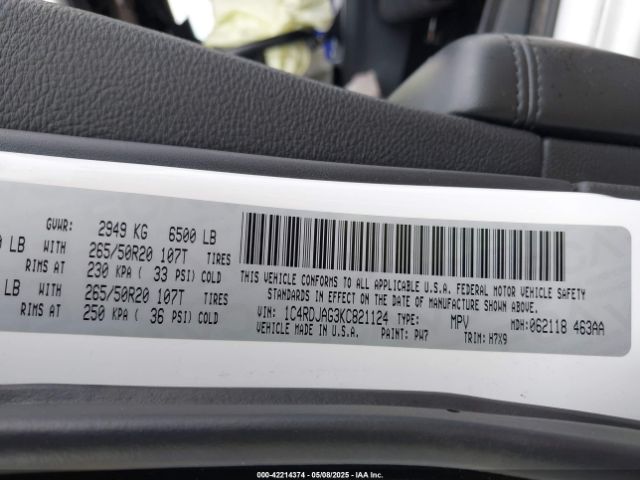 1C4RDJAG3KC821124 Dodge Durango Sxt Awd