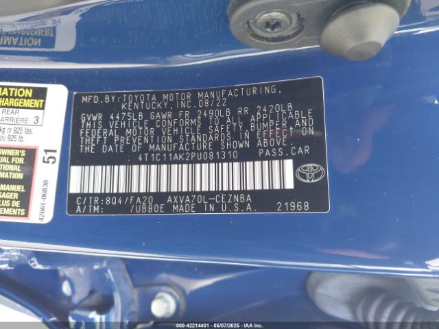 4T1C11AK2PU081310 Toyota CAMRY LE