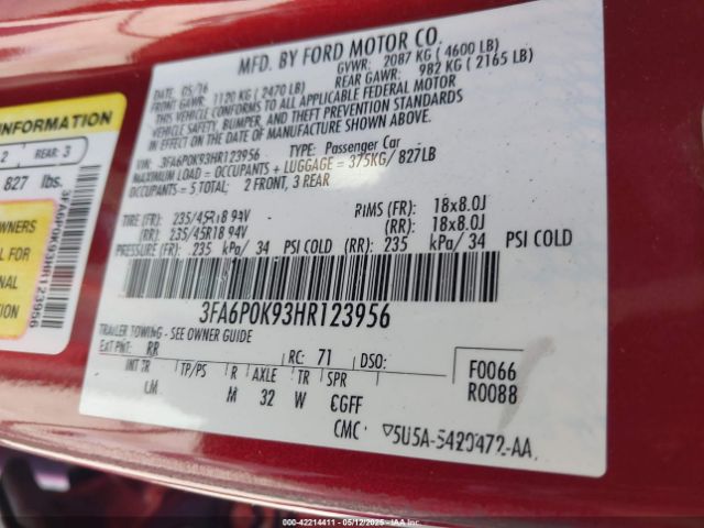 3FA6P0K93HR123956 Ford Fusion Titanium