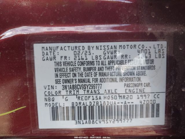 3N1AB8CV9SY299777 Nissan SENTRA SV