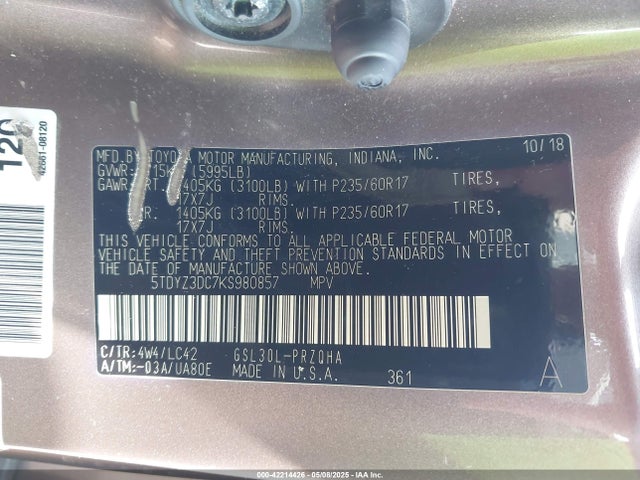 5TDYZ3DC7KS980857 Toyota Sienna Xle 8 Passenger