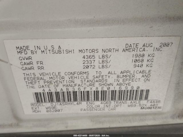 2008 MITSUBISHI GALANT 4A3AB36FX8E016990 Photo 8