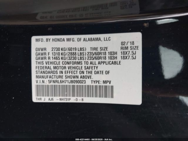 2018 HONDA ODYSSEY 5FNRL6H71JB090023 Photo 8
