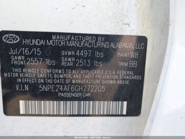 5NPE24AF6GH272205 Hyundai SONATA SE