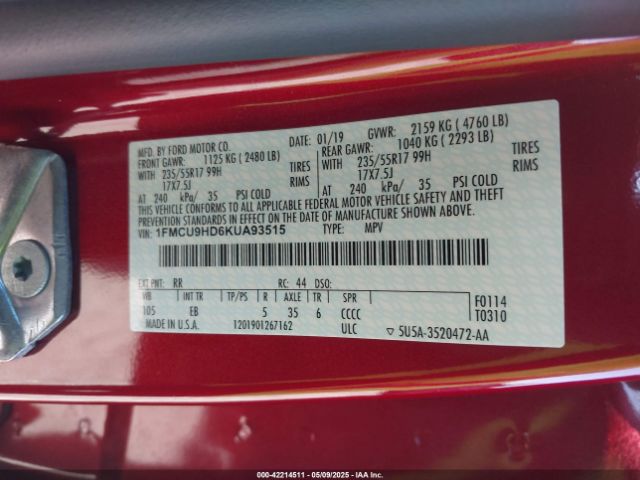 1FMCU9HD6KUA93515 Ford ESCAPE SEL