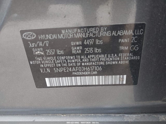 5NPE24AF0JH617106 Hyundai SONATA SE