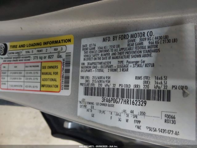 3FA6P0G77HR162329 Ford FUSION S