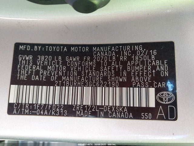 2T1BURHE3GC622190 Toyota Corolla S Plus