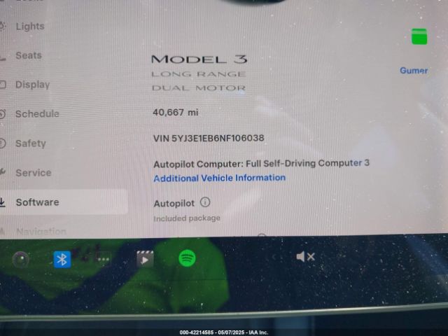 5YJ3E1EB6NF106038 Tesla Model 3 Long Range Dual Motor All-wheel Drive