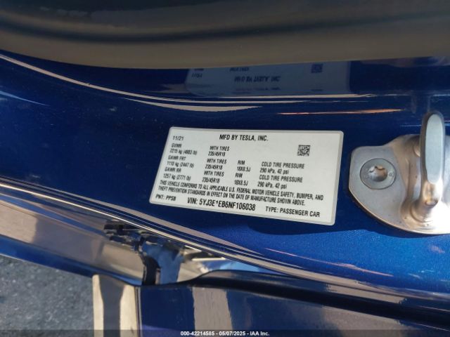 5YJ3E1EB6NF106038 Tesla Model 3 Long Range Dual Motor All-wheel Drive