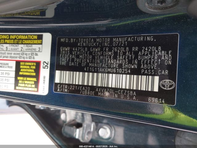 2021 TOYOTA CAMRY 4T1G11AK6MU610254 Photo 8