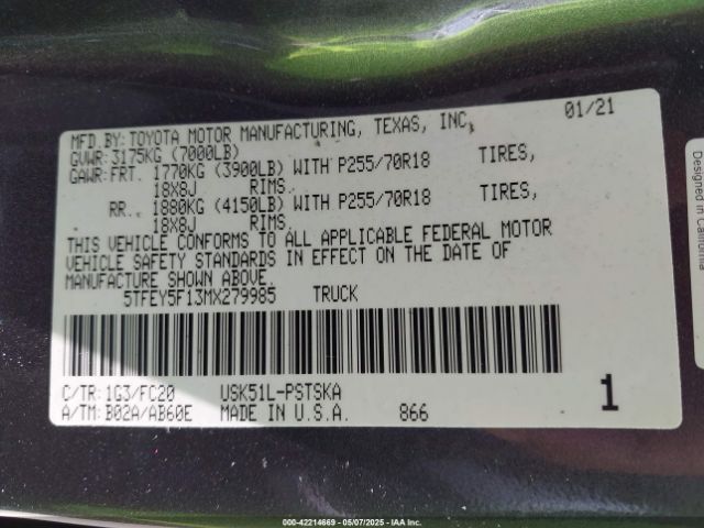 5TFEY5F13MX279985 Toyota Tundra Sr5