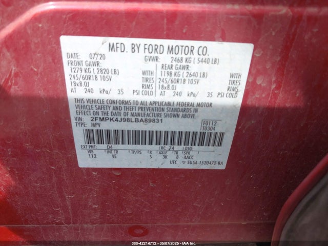 Ford EDGE SEL 2020 2FMPK4J98LBA89831 Image 9