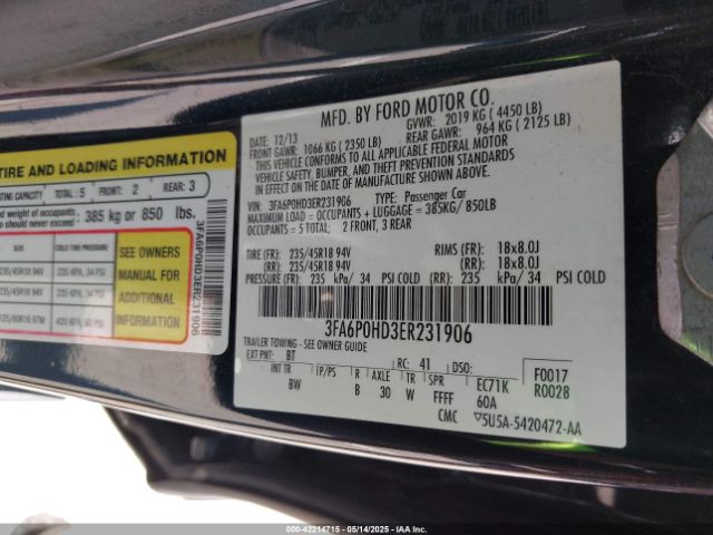 3FA6P0HD3ER231906 Ford FUSION SE