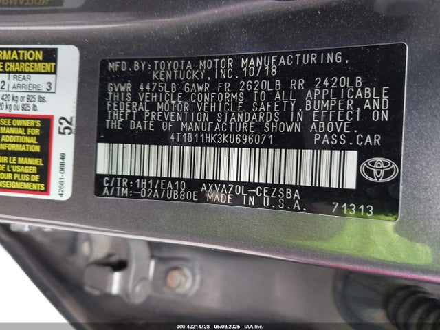 4T1B11HK3KU696071 Toyota CAMRY SE