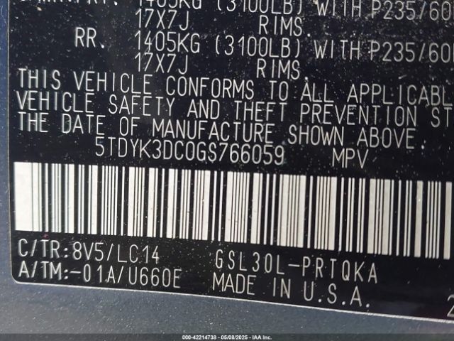 5TDYK3DC0GS766059 Toyota Sienna Xle Premium 8 Passenger