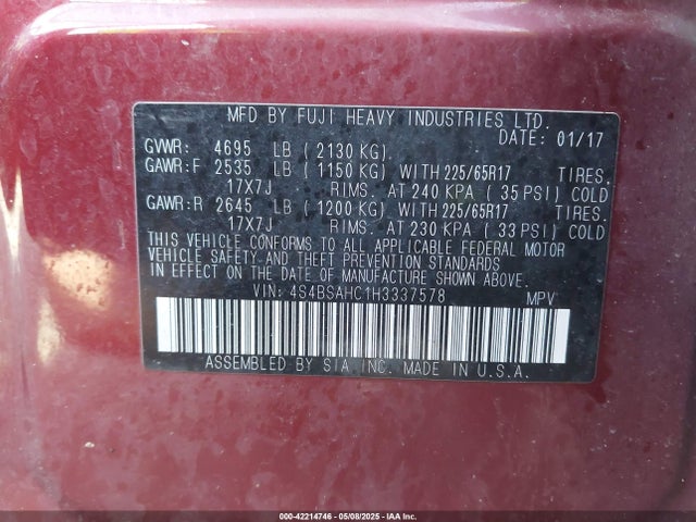 4S4BSAHC1H3337578 Subaru Outback 2.5i Premium