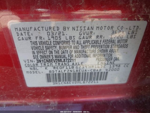 3N1CN8EV2ML872211 Nissan Versa