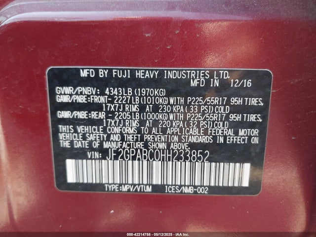 JF2GPABC0HH233852 Subaru naturally aspirated