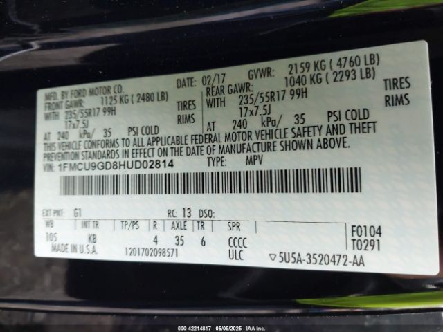 1FMCU9GD8HUD02814 Ford ESCAPE SE