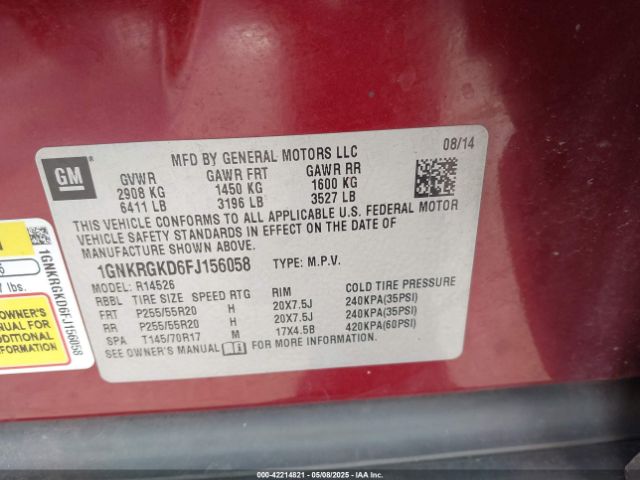 1GNKRGKD6FJ156058 Chevrolet llt