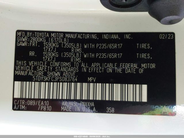 5TDYSKFC3PS083764 Toyota SIENNA XLE