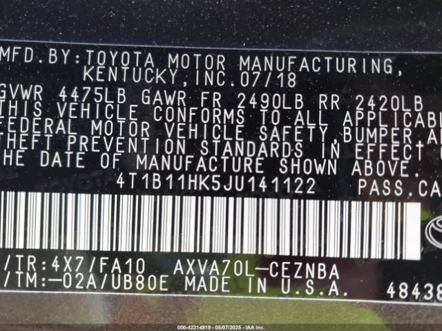 4T1B11HK5JU141122 Toyota CAMRY LE
