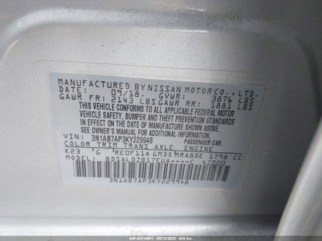 3N1AB7AP3KY229948 Nissan SENTRA SV
