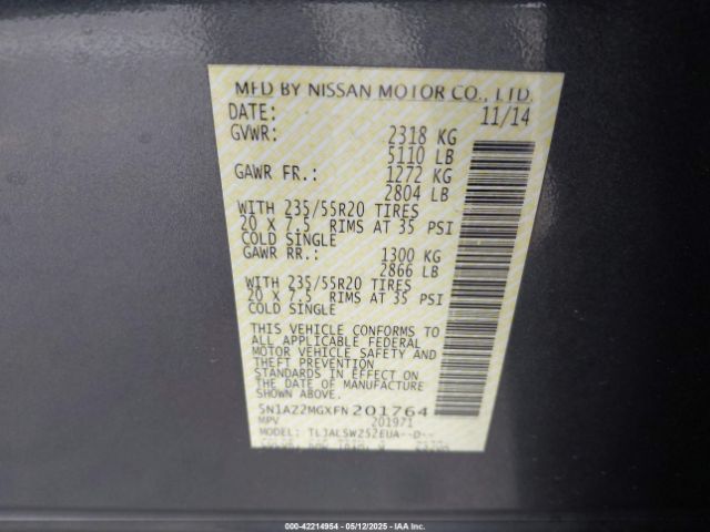 5N1AZ2MGXFN201764 Nissan Murano Platinum