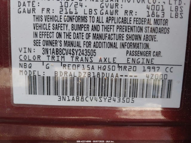 3N1AB8CV4SY243505 Nissan SENTRA SV