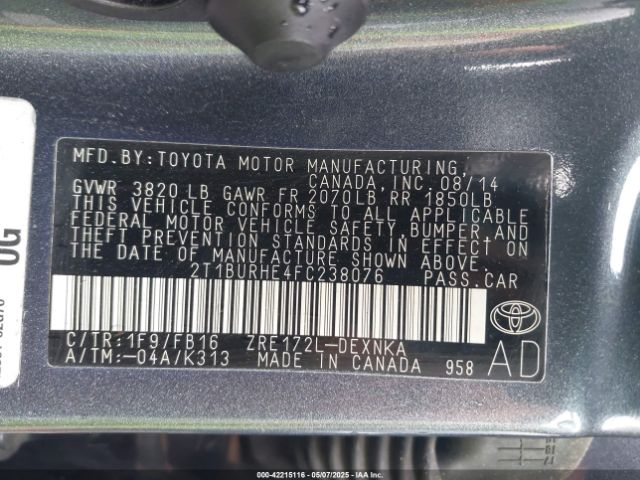 2T1BURHE4FC238076 Toyota COROLLA LE