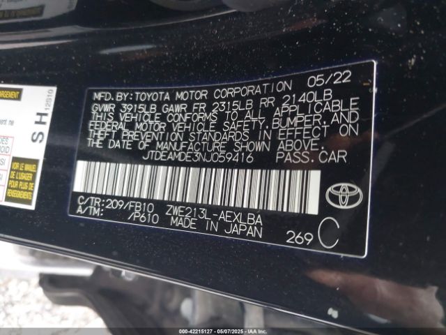 JTDEAMDE3NJ059416 Toyota Corolla Hybrid Le