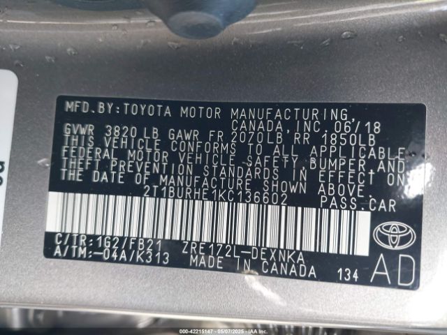 2T1BURHE1KC136602 Toyota COROLLA LE