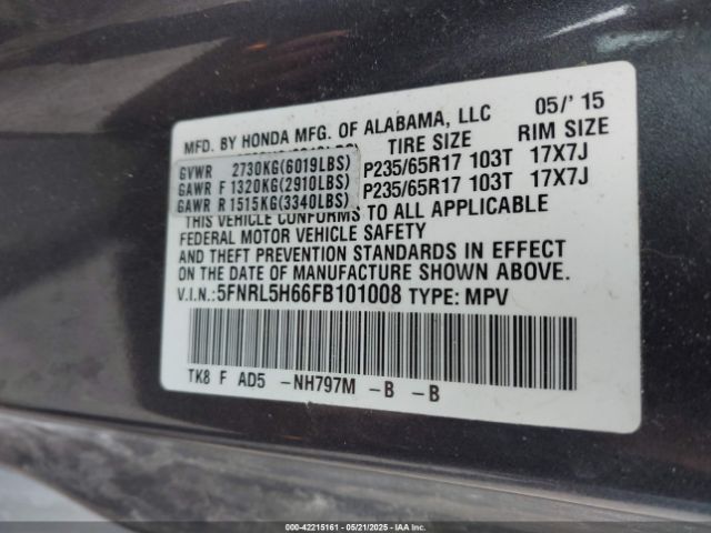 5FNRL5H66FB101008 Honda Odyssey Ex-l