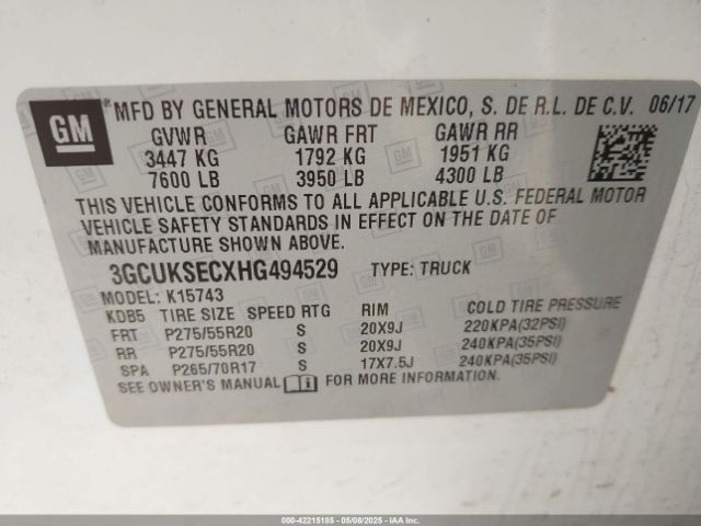 3GCUKSECXHG494529 Chevrolet Silverado 1500 1lz