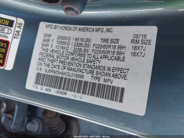 5J6RM3H9XGL016595 Honda Cr-v Touring