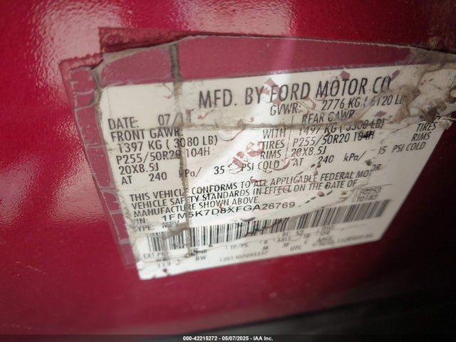 1FM5K7D8XFGA26769 Ford EXPLORER XLT