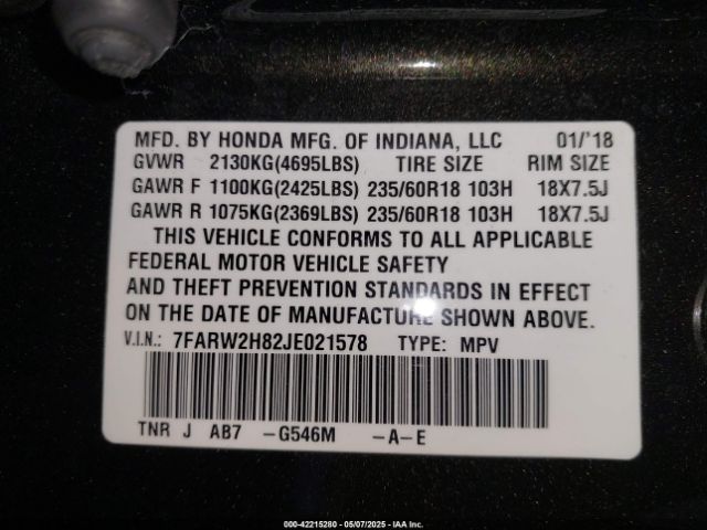 7FARW2H82JE021578 Honda Cr-v Ex-l/ex-l Navi