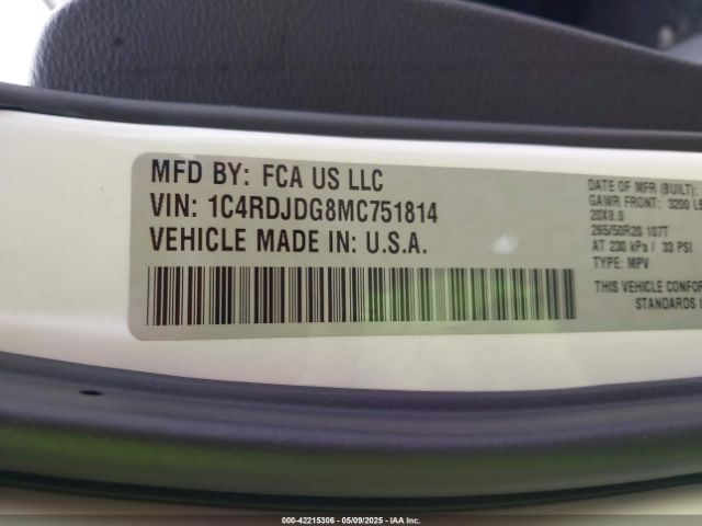 1C4RDJDG8MC751814 Dodge Durango Gt Awd