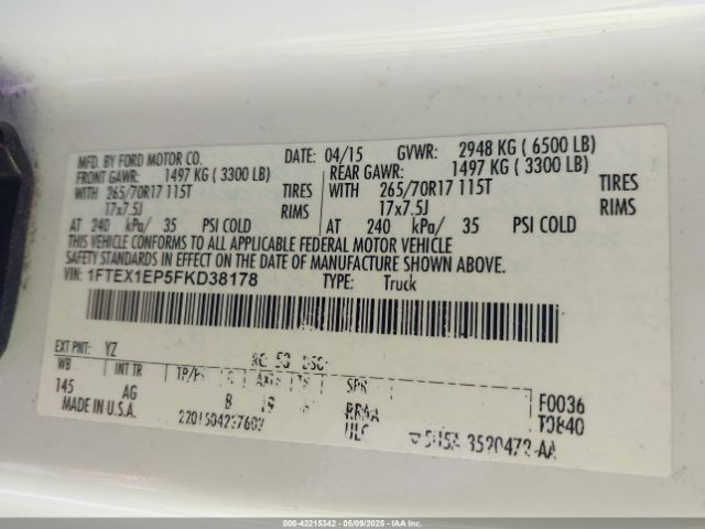 1FTEX1EP5FKD38178 Ford F-150 Xl