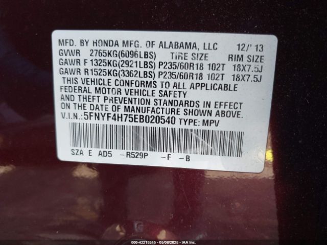 5FNYF4H75EB020540 Honda Pilot Ex-l