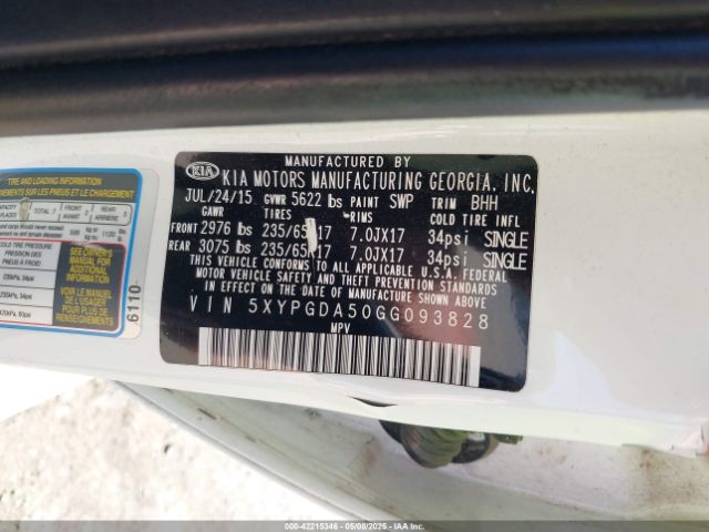 5XYPGDA50GG093828 KIA Sorento 3.3l Lx